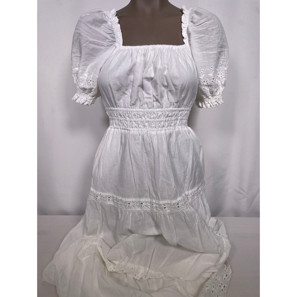 Trovata Birds of Paradis White Cotton Eyelet Puff Sleeve Dress Women's SMALL
